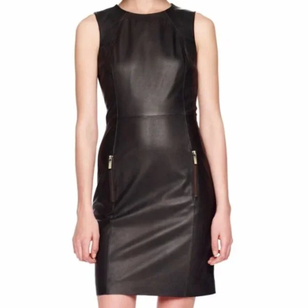 Michael Kors black buttery soft leather sleeveless bodycon midi sheath dress.